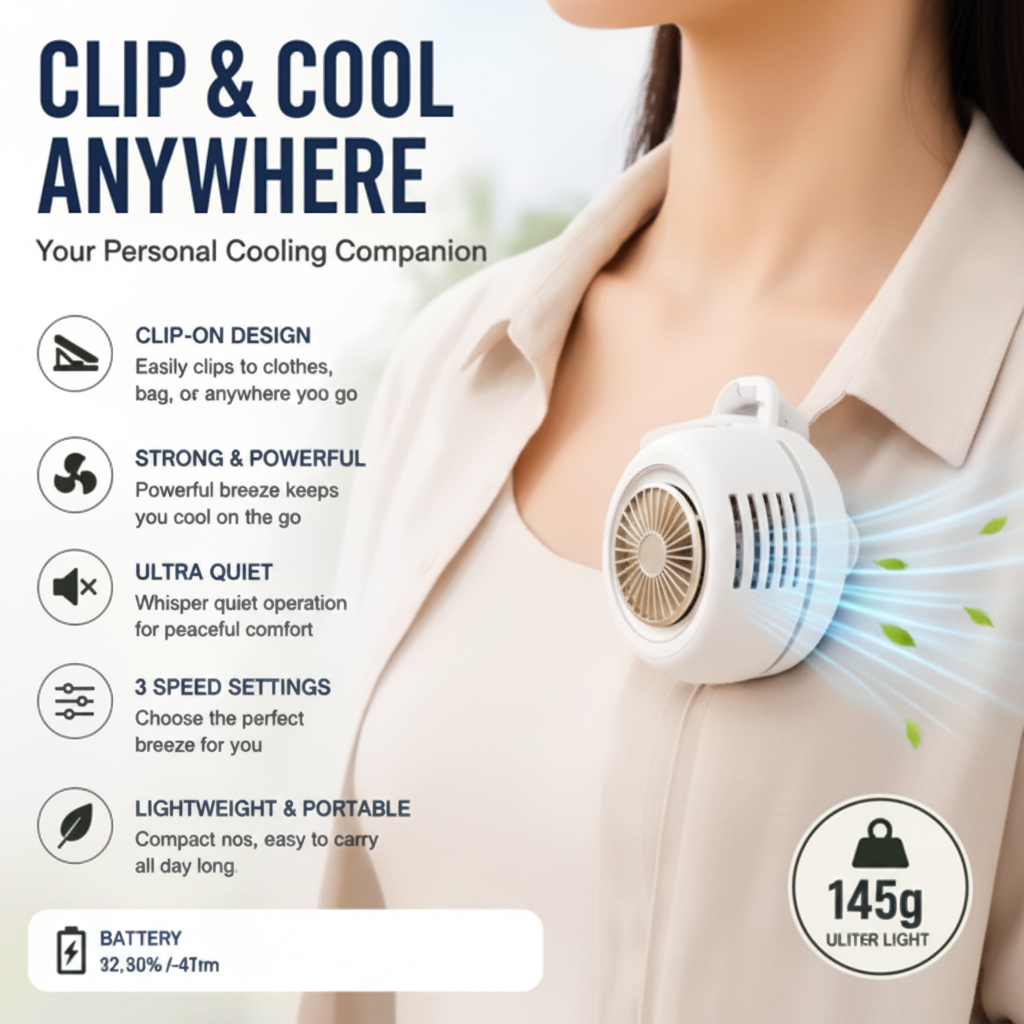 Portable Clip-On Fan, Mini USB Rechargeable360° Rotatable Fan, 3-Speed Silent MiniBladeless Fans